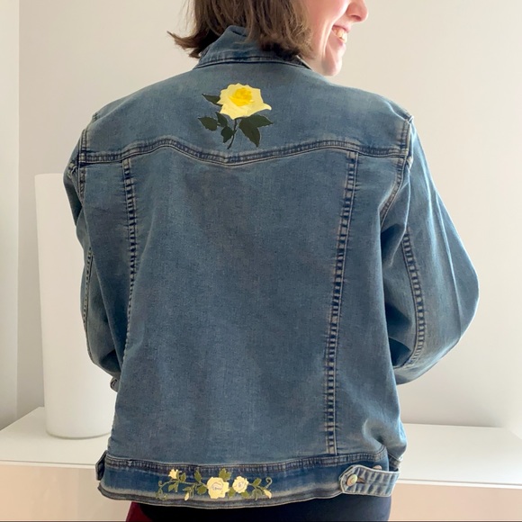 Vintage Jackets & Blazers - Embroidered vintage yellow rose floral denim jean jacket XL 1X